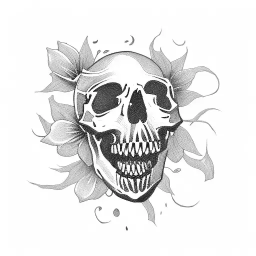 A Skull With Its Mouth Open And A Long Stretch Of Flowers Coming Out Of Its Mouth