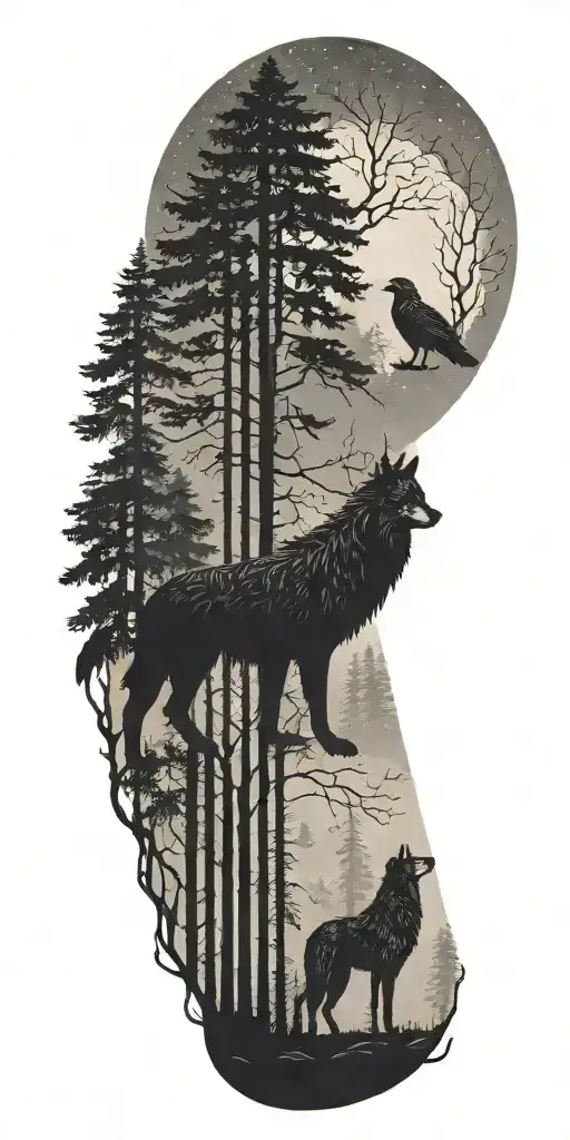 A Stylized Silhouette Of A Veteran Standing In A Forest With A Wolf And Eagle By His Side