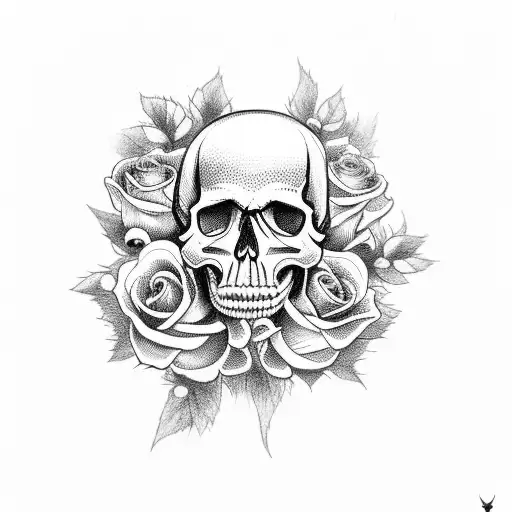 Skull With Cherry Blossems And Roses