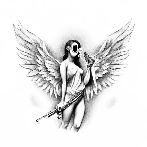 Angel Holding By A Big Rose With A Gun In Her Hands And Face With Towel Covering Only Theeyes