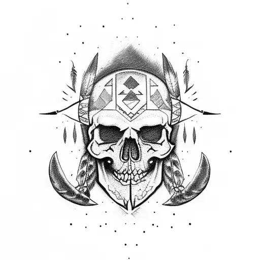 Native American Skull With Axe And Fire