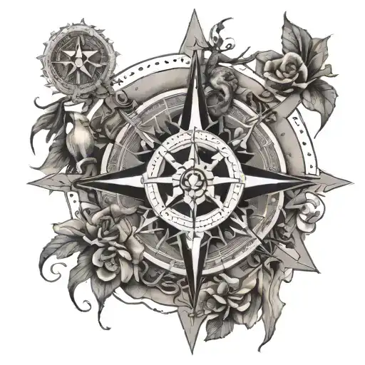 An Intricate Compass Rose With Hunting Symbols Integrated Into The Design