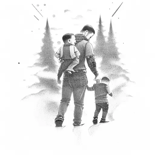 Father Holding His Sons Hand While Another Son Is Sitting On Fathers Shoulders With A Halo Above Him