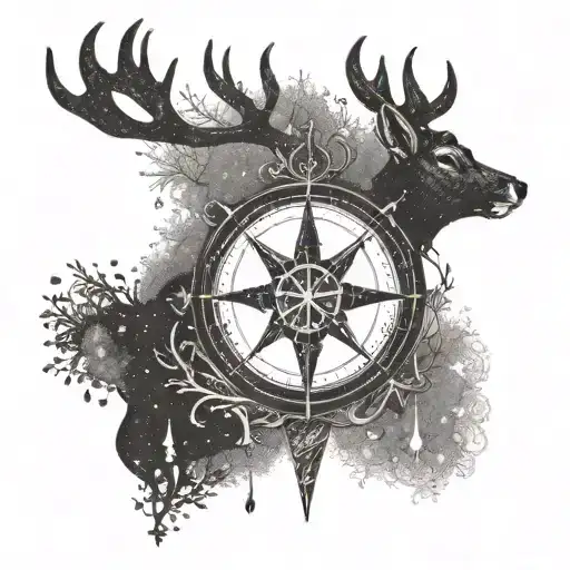 A Deer Silhouette With A Compass Rose Antler Design