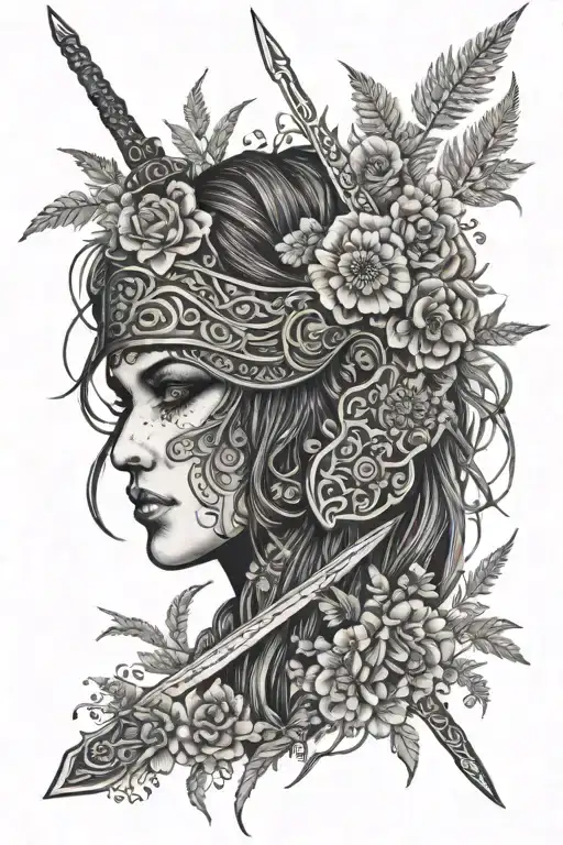 Lady Warrior Face Eye Cover With Flowers Sword Behing Back In Meadow And Ferns Background