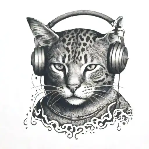 A Dotwork Tattoo Of A Cat Wearing Headphones And Listening To The Sound Of Crashing Waves
