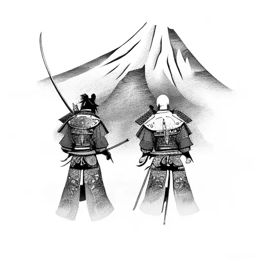 Two Samurai Brother Sitting And A Beautiful Mountain And A Sky At Back