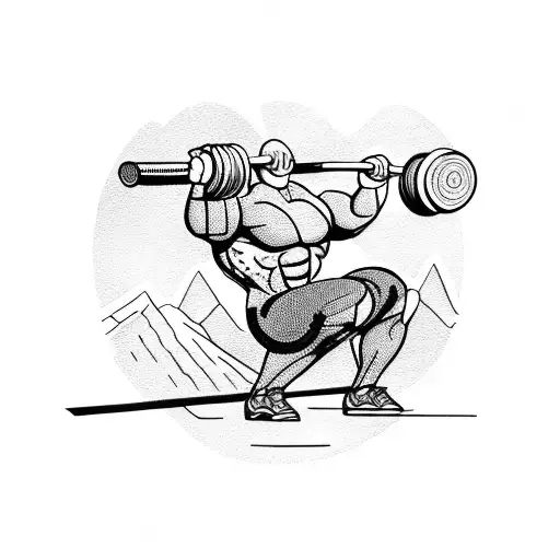 A Dotwork Tattoo Of A Weightlifter Lifting A Barbell With Mountains In The Background