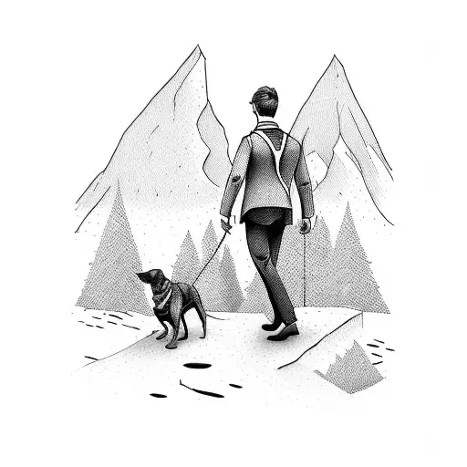 A Business Man Hiking Up A Mountain With A Dog By His Side