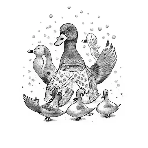 A Dotwork Tattoo Of Friends Celebrating A Traditional Mexican Festival With Ducks And Dogs