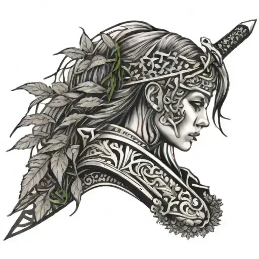 Lady Warrior Portrait Sword Behing Back In Meadow And Ferns