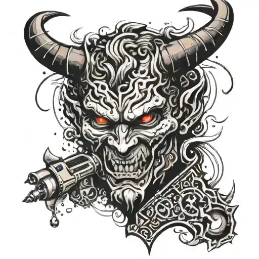 Create A Tattoo Design Featuring A Devil With A Gun Surrounded By Symbols Of Wealth And Power