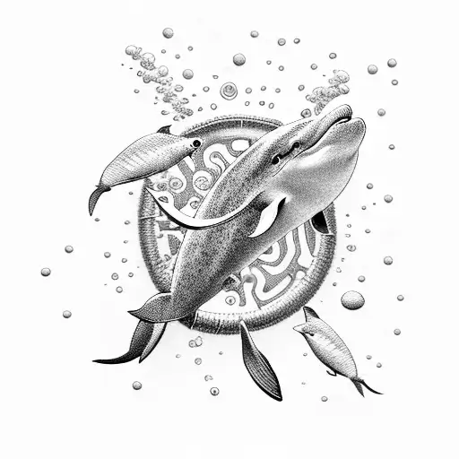A Scuba Diver Exploring Underwater With A Dolphin In Dotwork Style