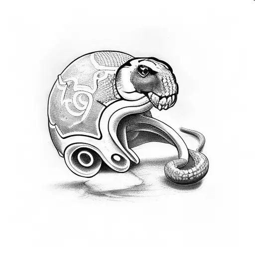A Tattoo Design Of A Military Helmet With A Snake Crawling Out Of It In A Dotwork Style