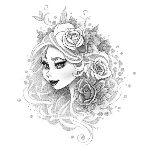 A Fairytale-inspired Tattoo Featuring A Disney Character Surrounded By Colorful Watercolor Flowers
