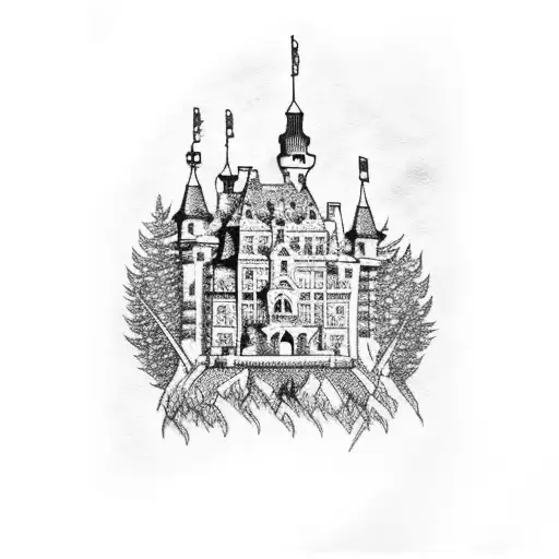 A Dotwork Tattoo Of An Austrian Castle Surrounded By Edelweiss Flowers