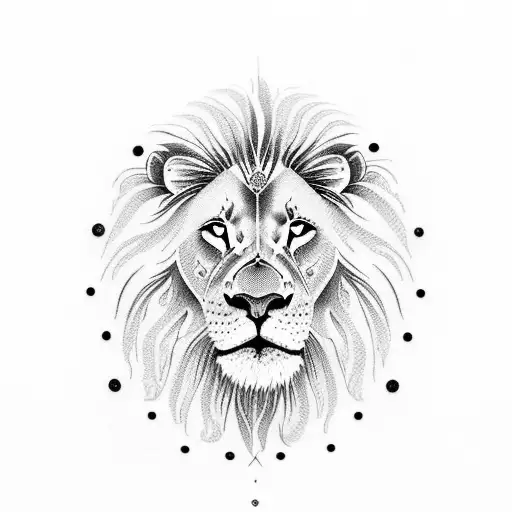 A Mesmerizing Dotwork Tattoo Of A Tranquil Sunset Scene With A Lion Resting Peacefully