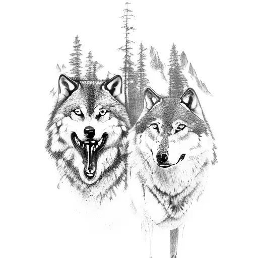 A Serene Landscape With Two Wolves Standing On A Cliff Overlooking A Forest