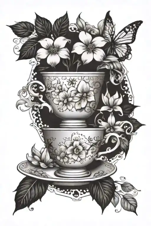 Tea Cup Arise Flowers Wrapped And Blooming With O Hour Glass In Background