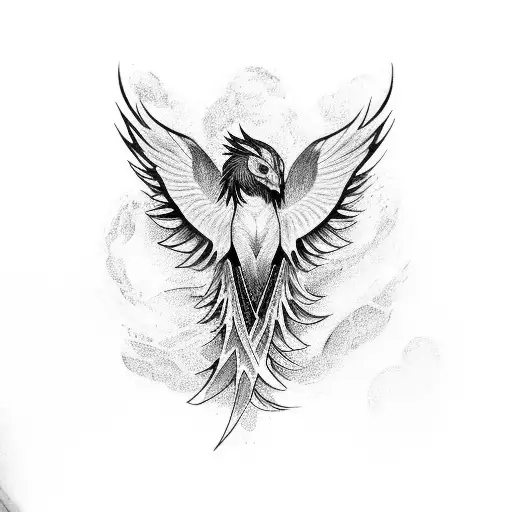 Lined Phoenix Tattoo With Feminine Figure