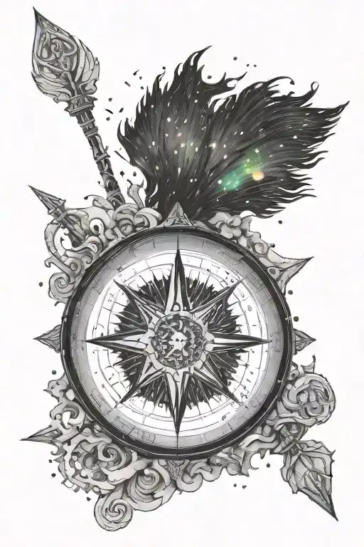 Nordic Helm Of Awe Compass Black And White With Northern Lights In Color Turned