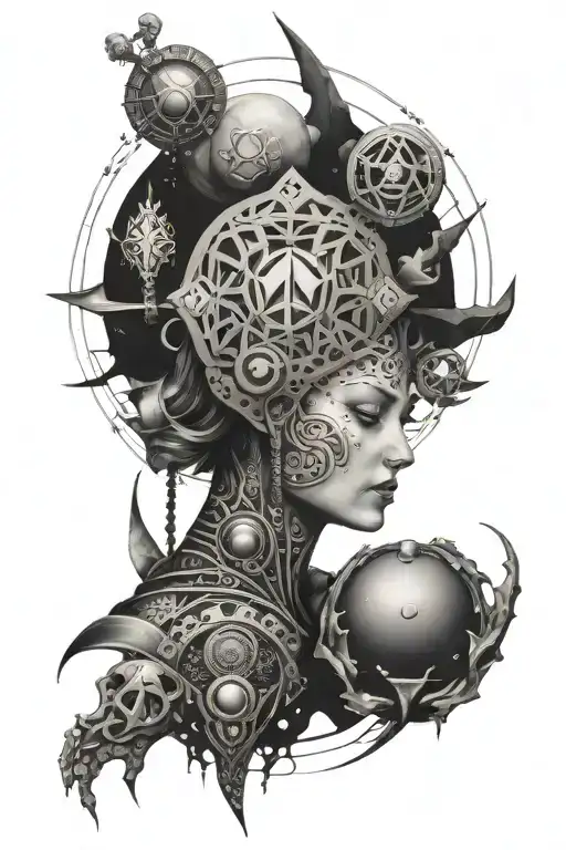 A Motherly Figure Adorned With Nordic Symbols And Alien Technology