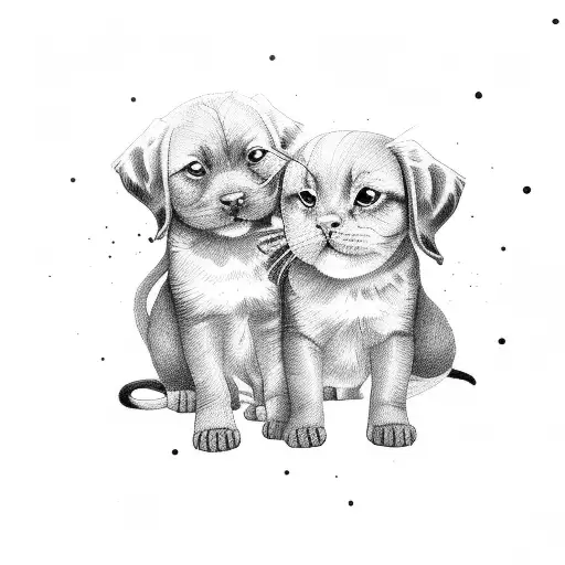 Brown Dog And Balck Cat With 2 Girls Holding Hands