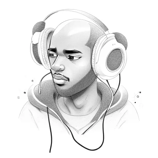 A Dark-skinned Boy Who Instead Of Hair Has Fuzzy Lines Listening To Music With His Wired Headphones