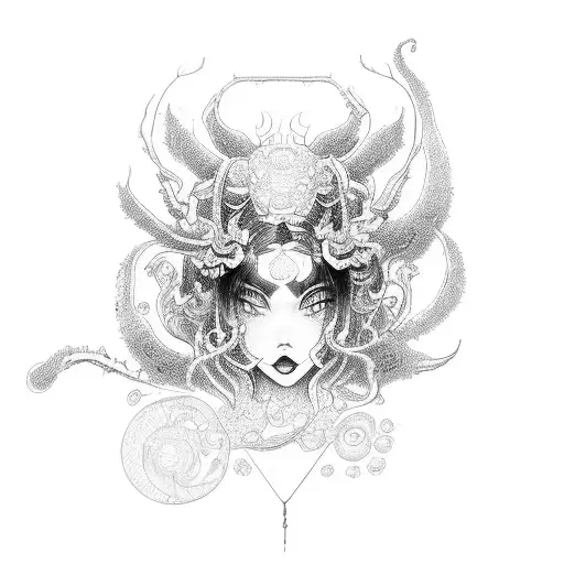 A Beautiful Demonic Geisha With A Microscope