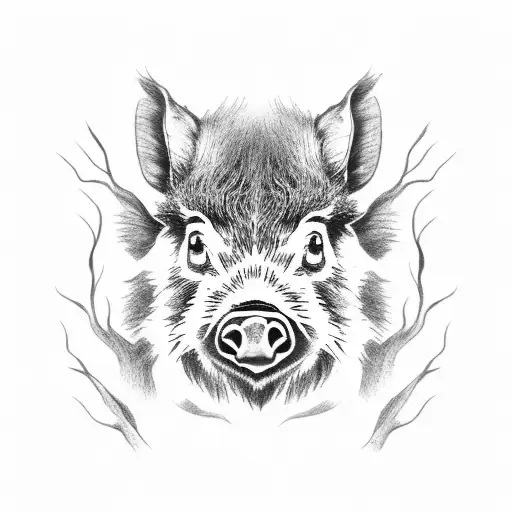 Wild Boar Face With Tree And Roots Blended