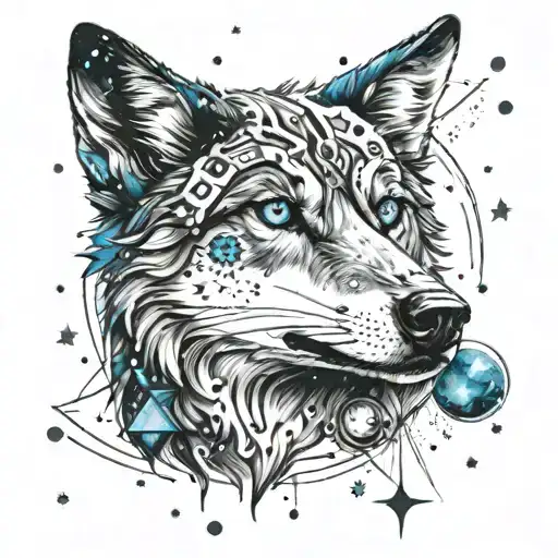 Blue Eyed Wolf Tattoo With Stars And Planets