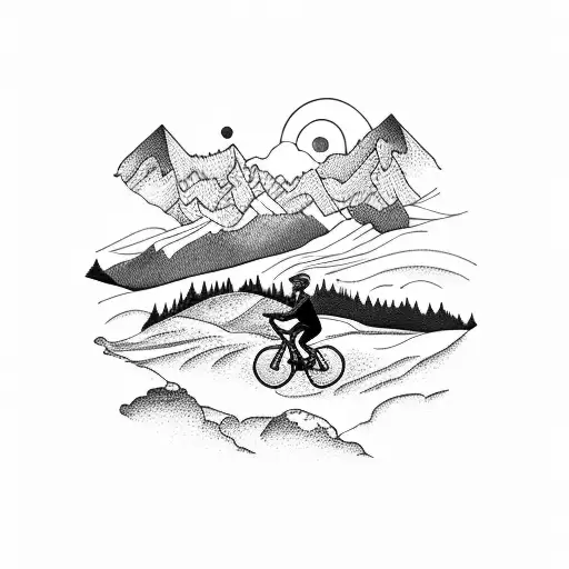 A Mountain Landscape With A Cyclist Riding Towards The Sunset