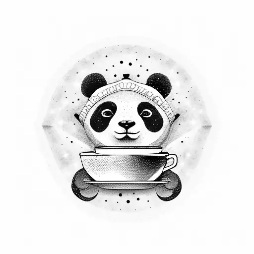 A Panda Holding A Coffee Cup With A Constellation Pattern