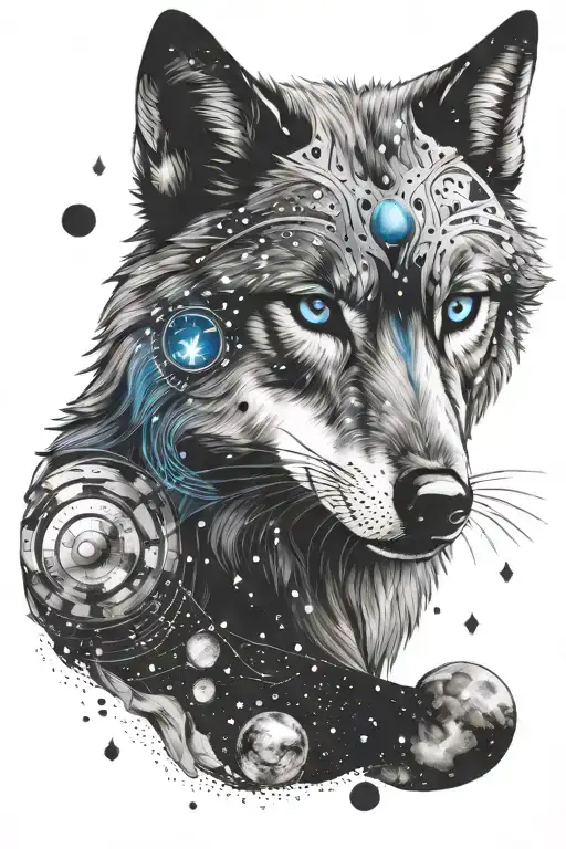 Blue Eyed Wolf With Stars And Planets