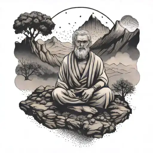 A Dotwork Tattoo Of A Stoic Philosopher Meditating In A Mountain Landscape
