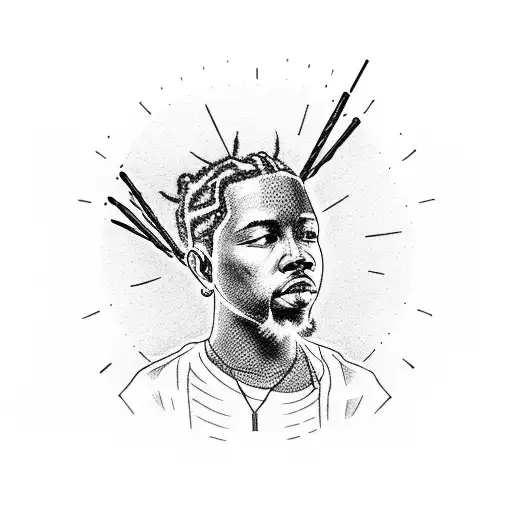 A Dotwork Tattoo Of Kendrick Lamar With A Spine Crown And A Microphone In Hand