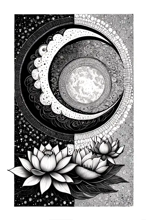 Unalome Symbol With Lotus Moon Surrounded