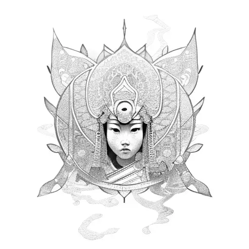 A Female Samurai With Intricate Armor And A Lotus Flower In Her Hand