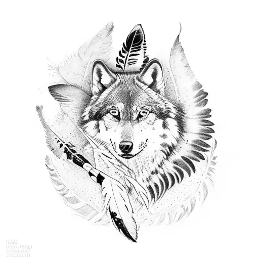 Shamanic Medicine Woman With Wolf And Feathers