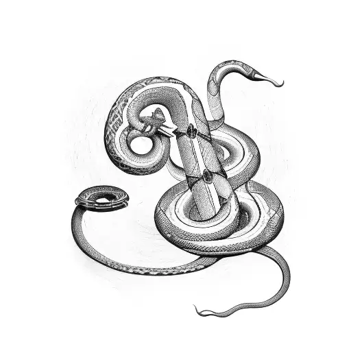 A Tattoo Design Of A Snake Coiled Around A Musical Instrument Like A Guitar Or A Saxophone