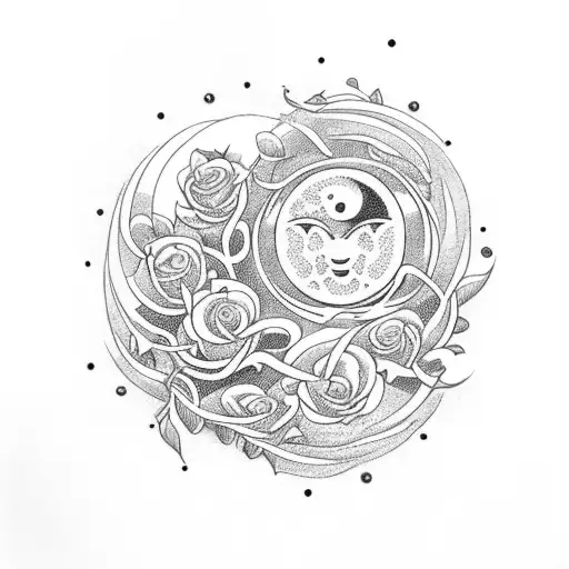 Sun And Moon With Flower Vines And Roses With Stars