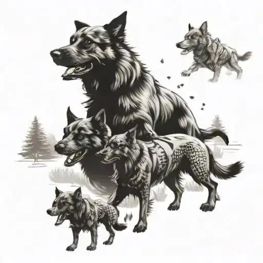 Create A Tattoo Of A Pack Of Dogs Racing Through A Forest