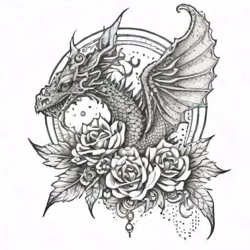 Dragon Wings With A Moon And Flowers