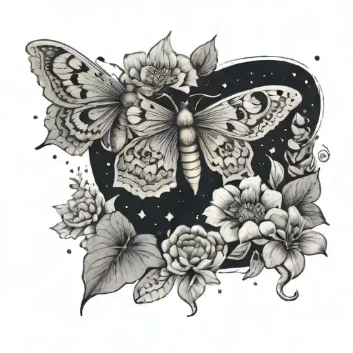 Moth And Moon With Flowers Growing