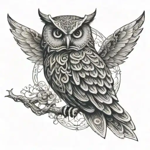 An Intricate Tattoo Featuring A Celtic Owl Surrounded By Mystical Symbols