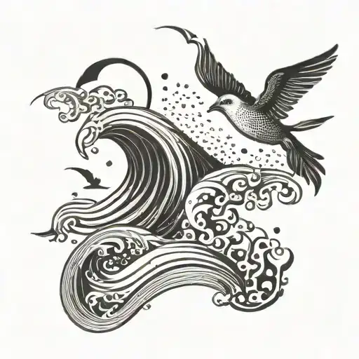 Wave And Bird Flying Away