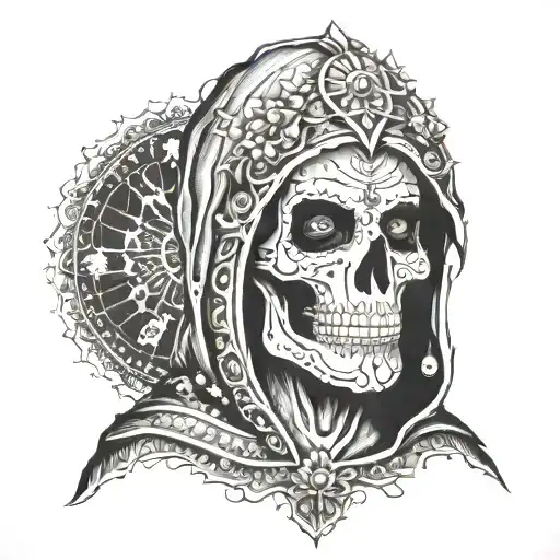 Santa Muerte Sitting In Black And White