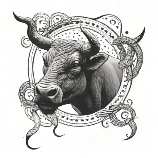 Create A Tattoo Of A Bull And Serpent Facing Off In A Dramatic And Dynamic Composition