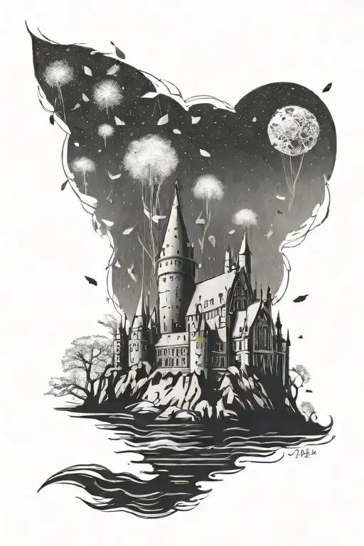 Dandelion Seeds Floating Towards Hogwarts Castle