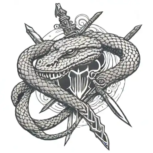 Snake Wrapped Around Sword Going Head Down